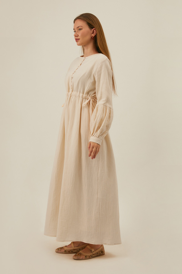 Buttoned Muslin Dress Ecru - 4