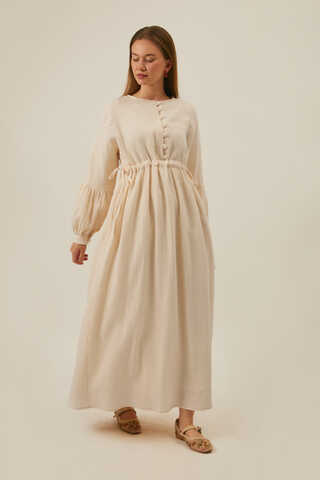 Buttoned Muslin Dress Ecru - 5