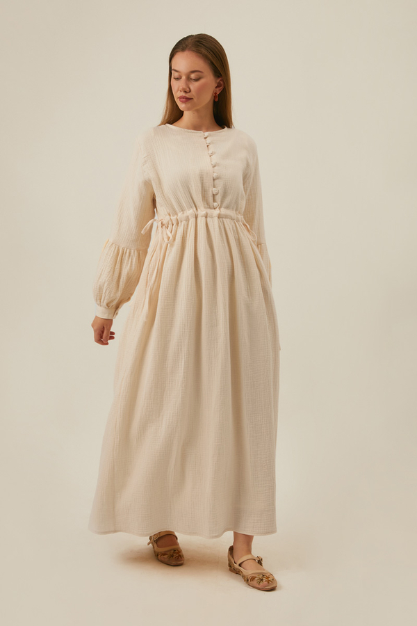 Buttoned Muslin Dress Ecru - 5