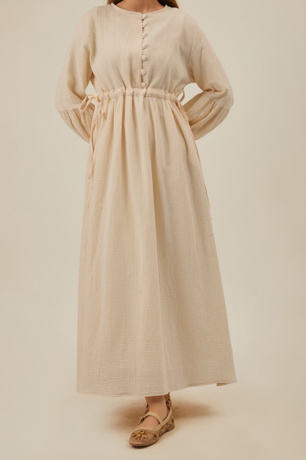 Buttoned Muslin Dress Ecru - 6