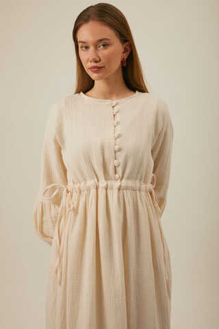 Buttoned Muslin Dress Ecru - 7