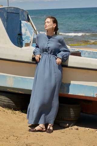 Buttoned Muslin Dress Indigo - 4