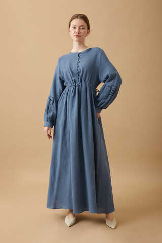 Buttoned Muslin Dress Indigo - 13