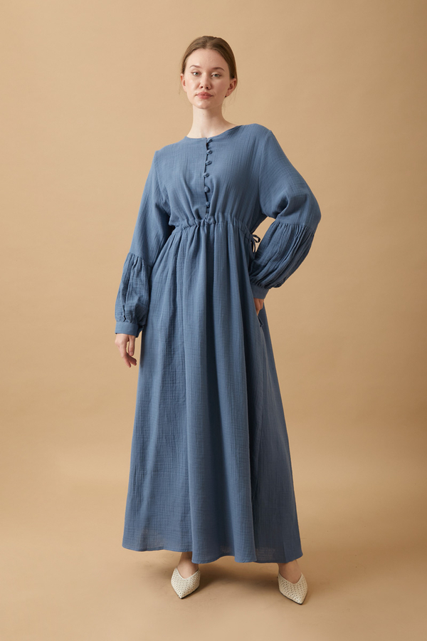 Buttoned Muslin Dress Indigo - 13