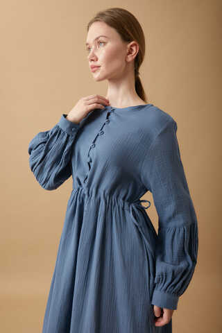 Buttoned Muslin Dress Indigo - 11