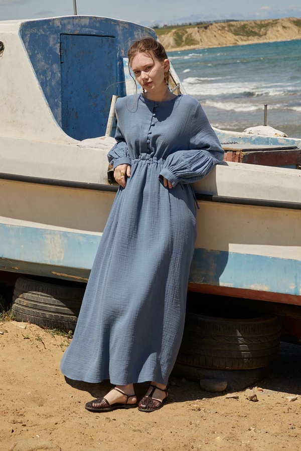 Buttoned Muslin Dress Indigo - 1