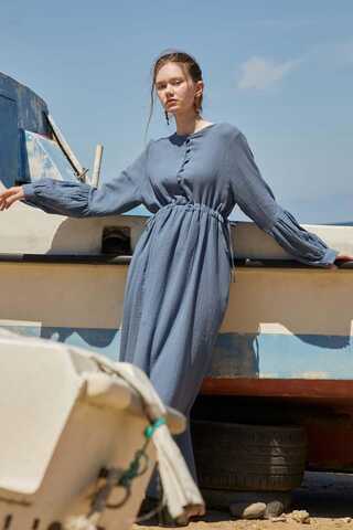 Buttoned Muslin Dress Indigo - 3