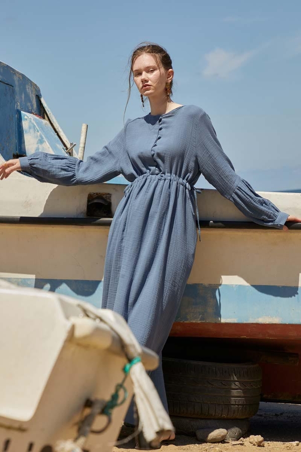 Buttoned Muslin Dress Indigo - 3