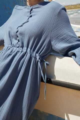 Buttoned Muslin Dress Indigo - 5
