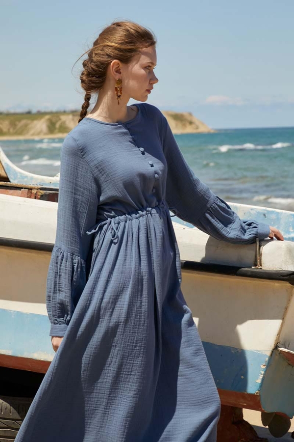 Buttoned Muslin Dress Indigo - 6