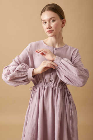 Buttoned Muslin Dress Lilac - 4