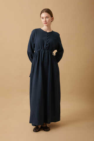 Buttoned Muslin Dress Navy - 1