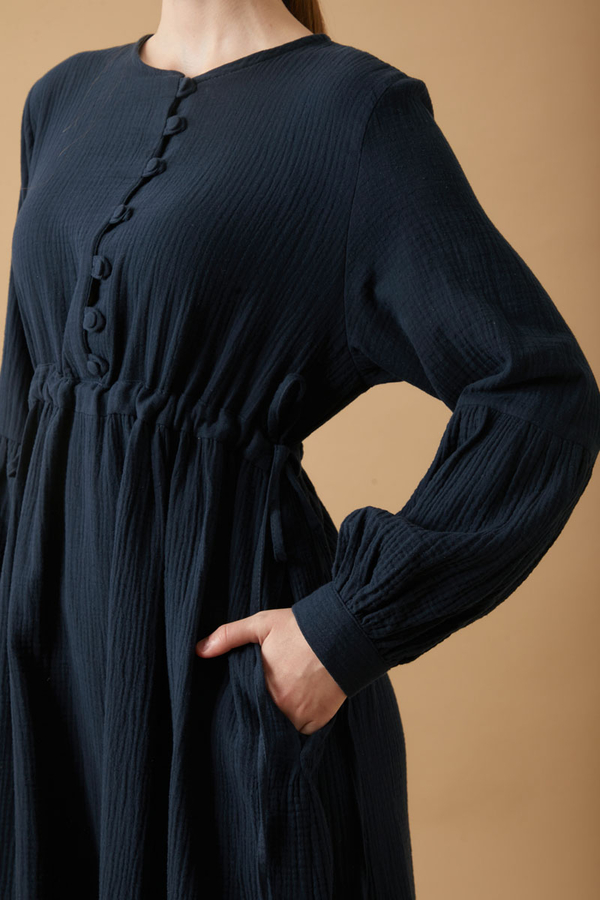 Buttoned Muslin Dress Navy - 7