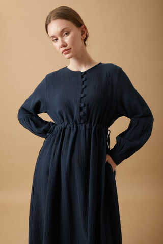 Buttoned Muslin Dress Navy - 2