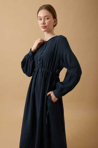 Buttoned Muslin Dress Navy - 4