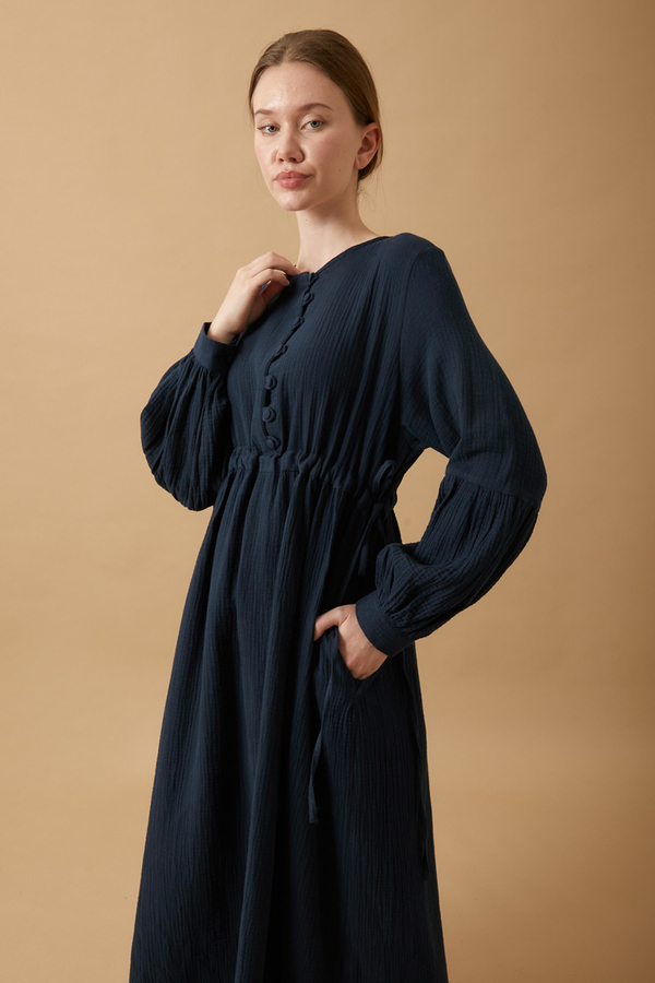 Buttoned Muslin Dress Navy - 4