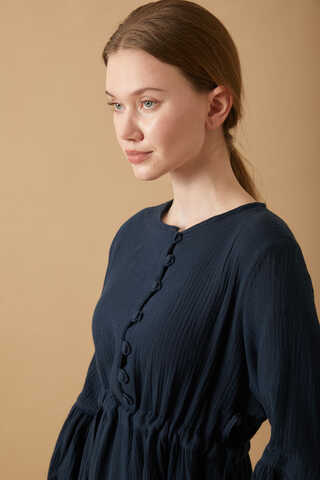 Buttoned Muslin Dress Navy - 9