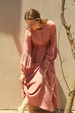 Buttoned Muslin Dress Pink - 3