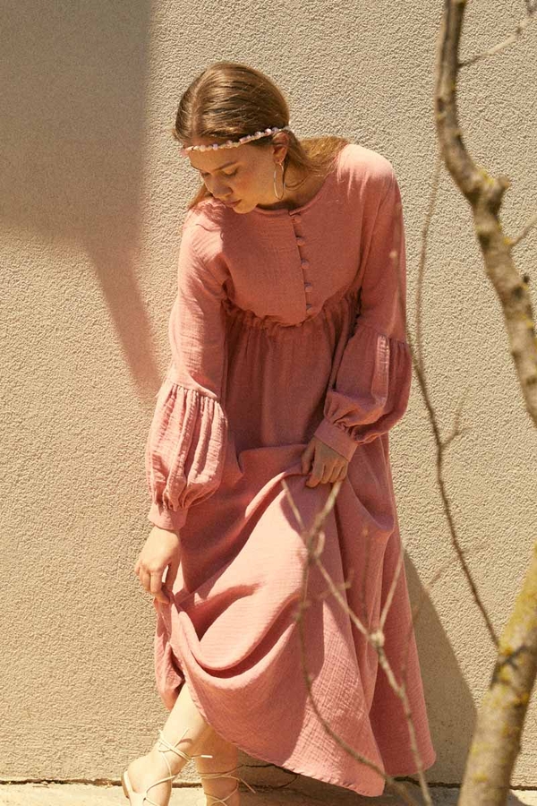 Buttoned Muslin Dress Pink - 3