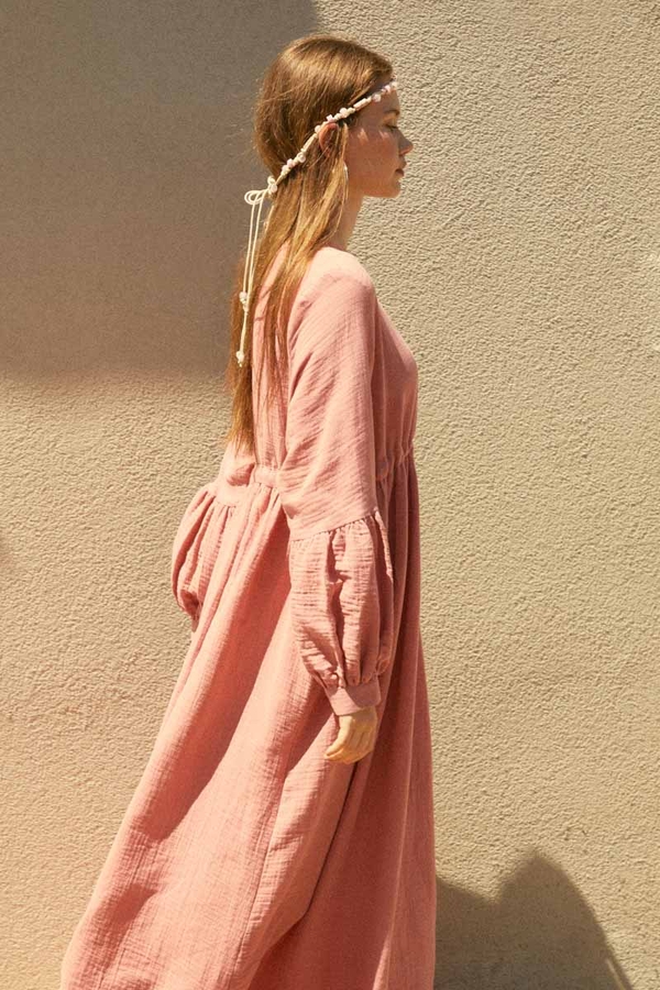 Buttoned Muslin Dress Pink - 4