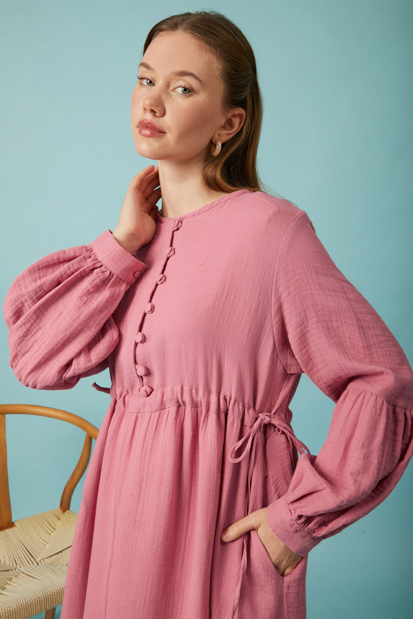 Buttoned Muslin Dress Pink - 15