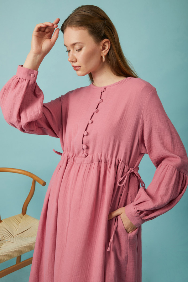 Buttoned Muslin Dress Pink - 16