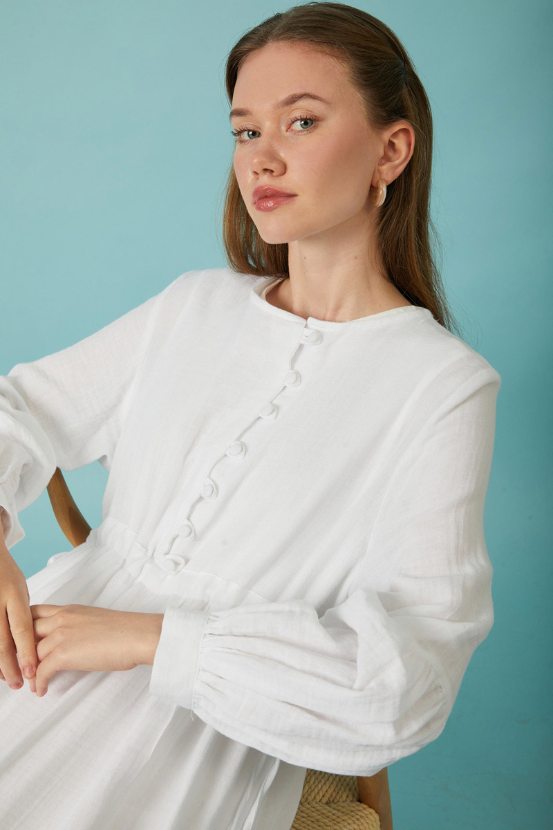 Buttoned Muslin Dress White