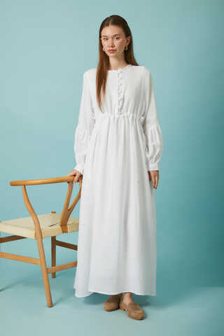 Buttoned Muslin Dress White - 2