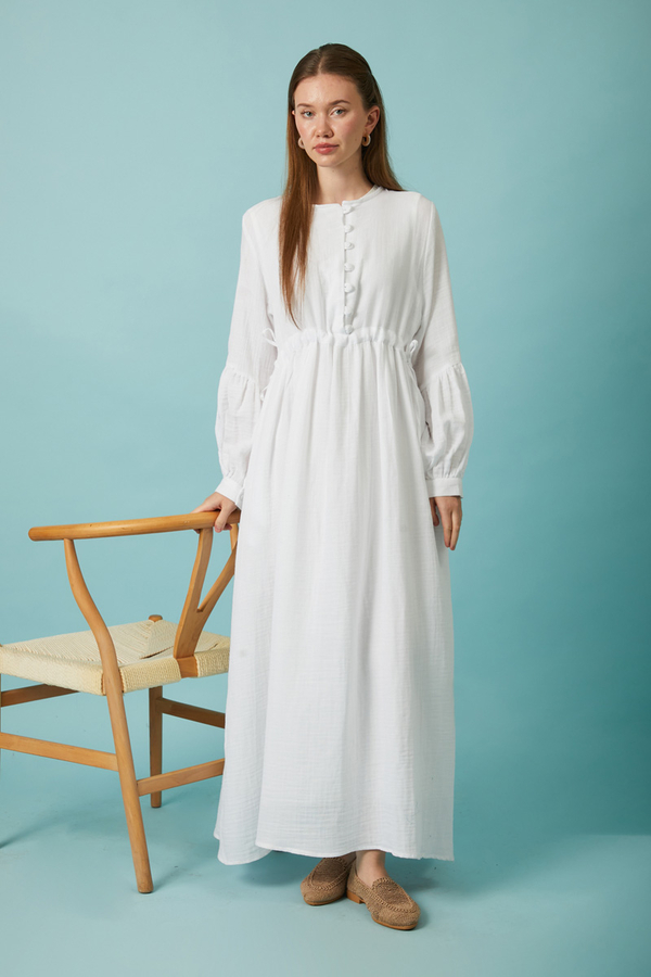 Buttoned Muslin Dress White - 2