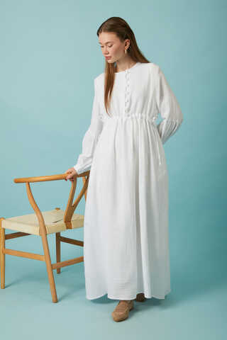 Buttoned Muslin Dress White - 9