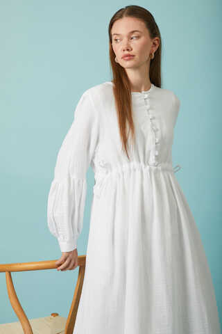 Buttoned Muslin Dress White - 6