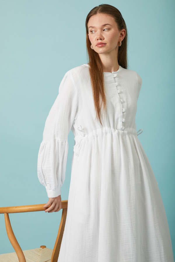 Buttoned Muslin Dress White - 6