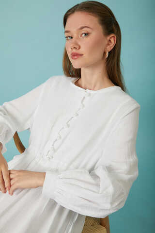 Buttoned Muslin Dress White - 1