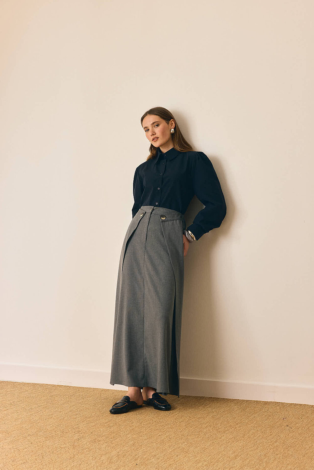 Buttoned Polyviscose Skirt – Grey - 4