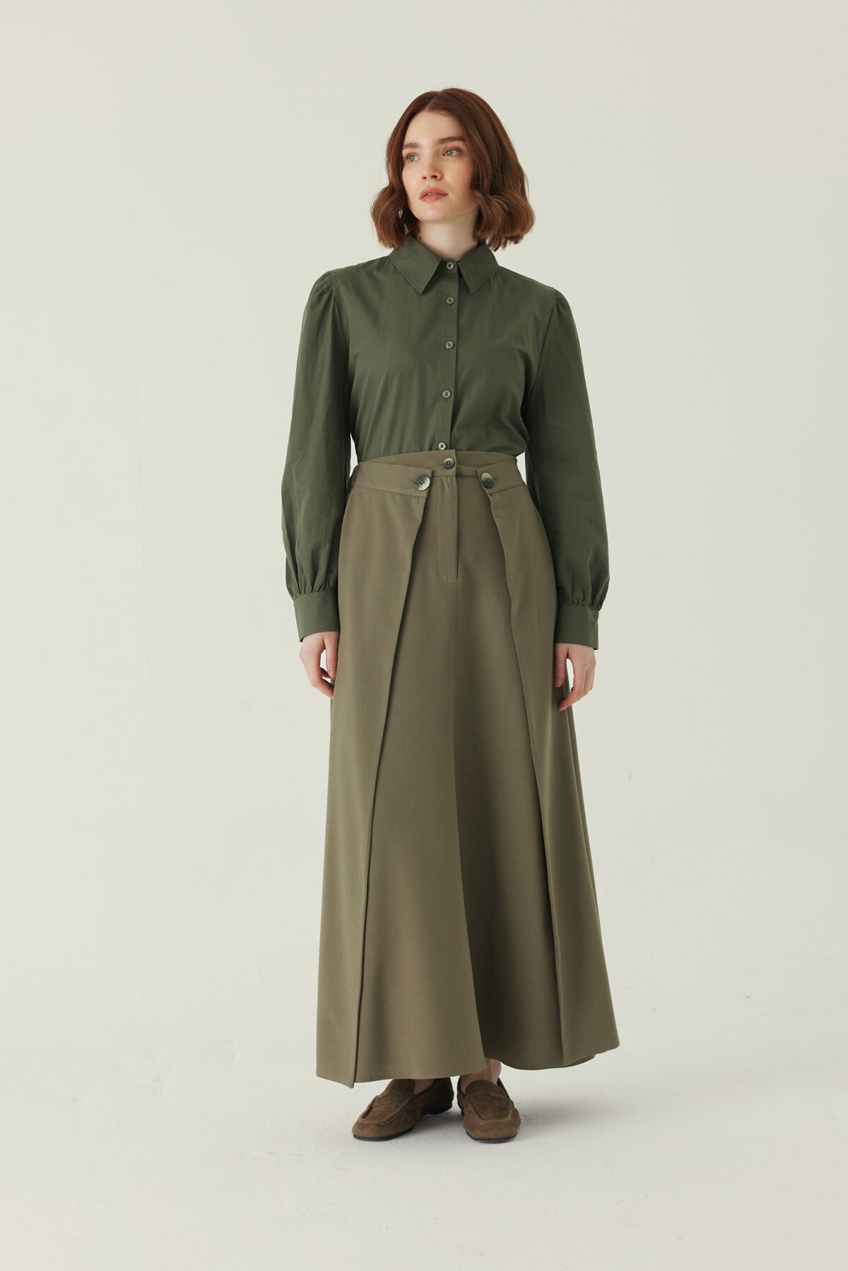 Buttoned Polyviscose Skirt – Khaki