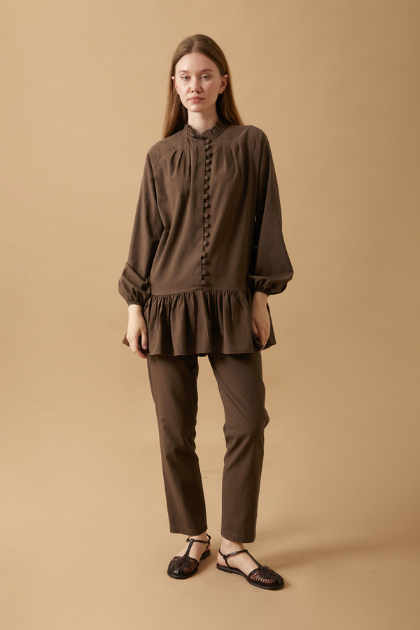 Buttoned Ruffle Set Brown - 1