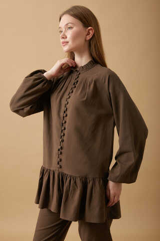 Buttoned Ruffle Set Brown - 5