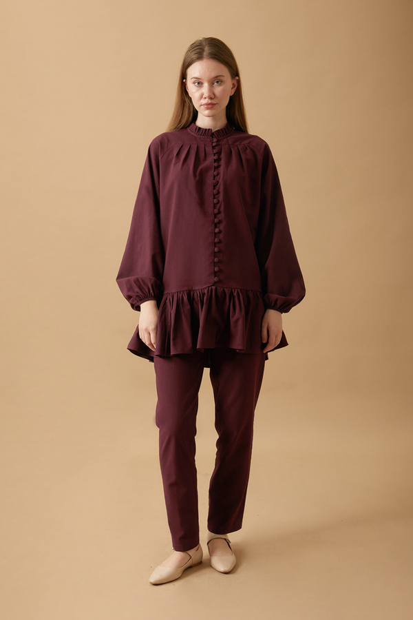 Buttoned Ruffle Set Burgundy - 2