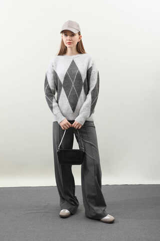 Büyük Baklava Desenli Kazak Gri - 2