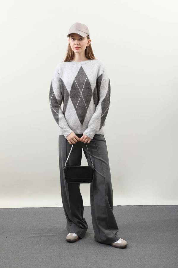 Büyük Baklava Desenli Kazak Gri - 2