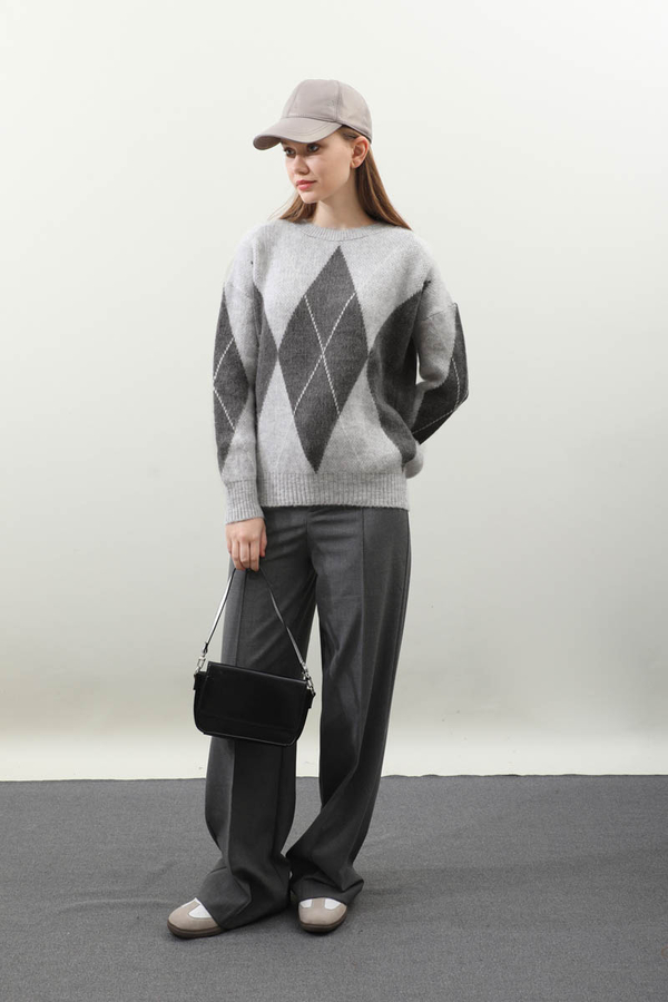 Büyük Baklava Desenli Kazak Gri - 3