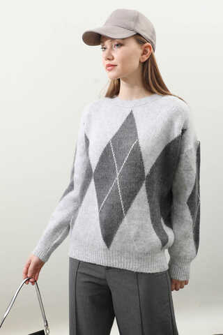 Büyük Baklava Desenli Kazak Gri - 4