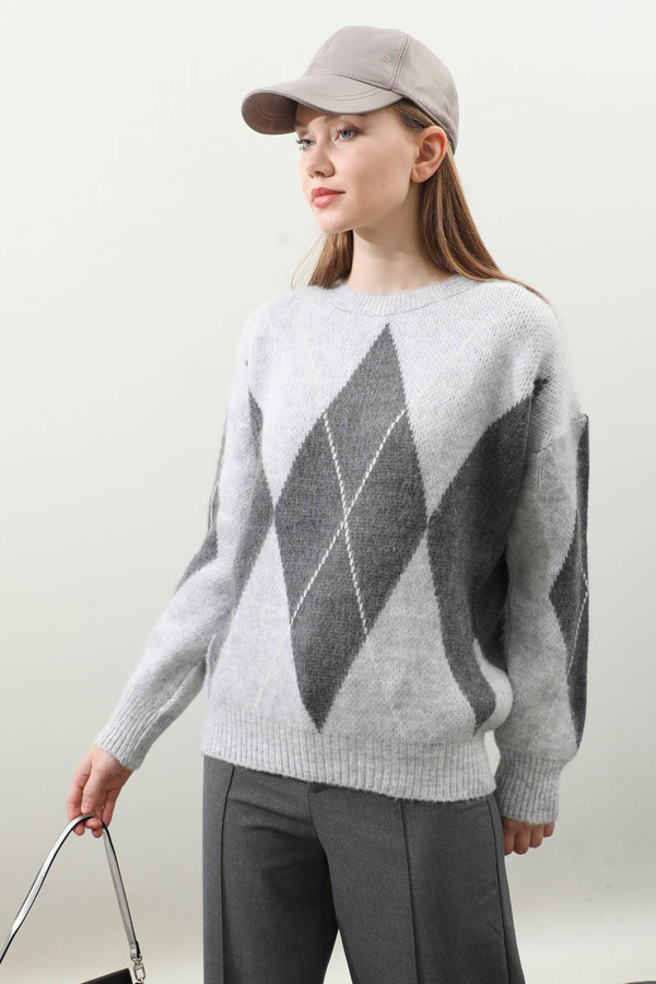 Büyük Baklava Desenli Kazak Gri - 4