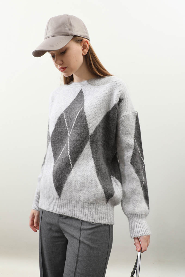 Büyük Baklava Desenli Kazak Gri - 5