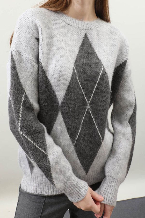 Büyük Baklava Desenli Kazak Gri - 6