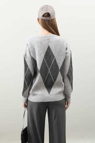 Büyük Baklava Desenli Kazak Gri - 8