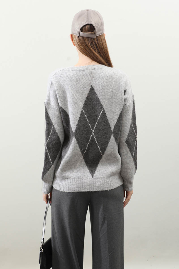 Büyük Baklava Desenli Kazak Gri - 8