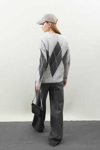 Büyük Baklava Desenli Kazak Gri - 9