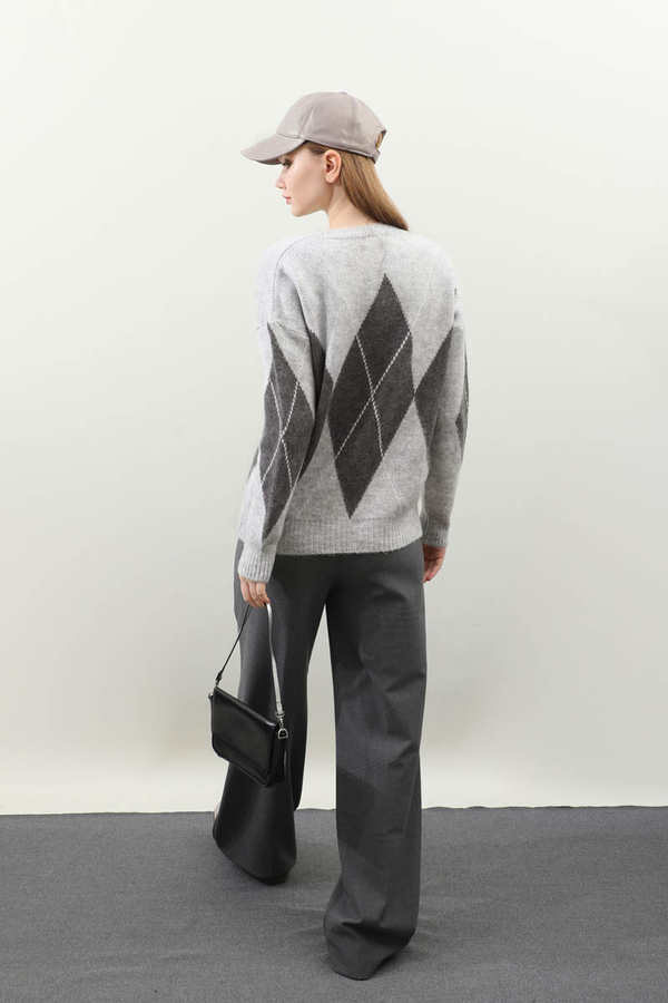 Büyük Baklava Desenli Kazak Gri - 9