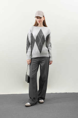 Büyük Baklava Desenli Kazak Gri - 1